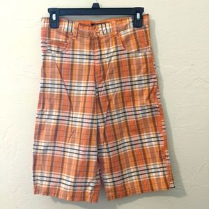 Old Skool boys shorts size 14 orange yellow plaid, long length, stitched pockets